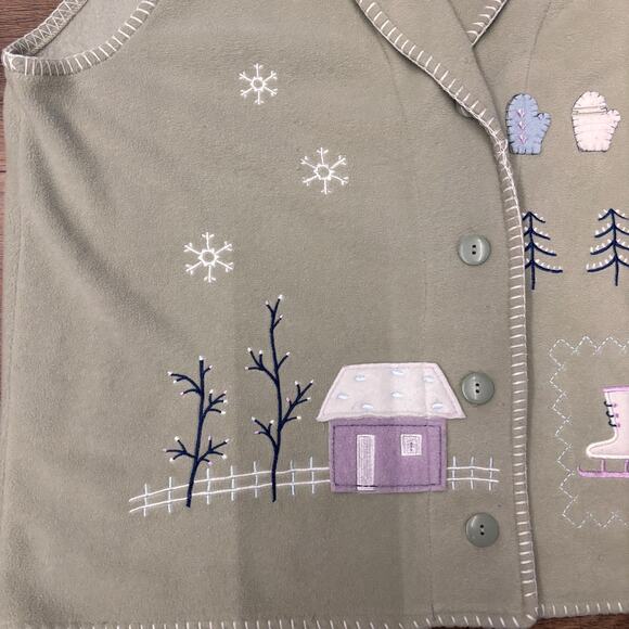 Cottagecore Sage Green Fleece Vest Womens Size 1X Winter Embroidery Whipstitch - Picture 4 of 8